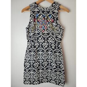 Luytero Women's Embroidered Beaded Sleeveless Dress Open Back Aztec Small A-Line
